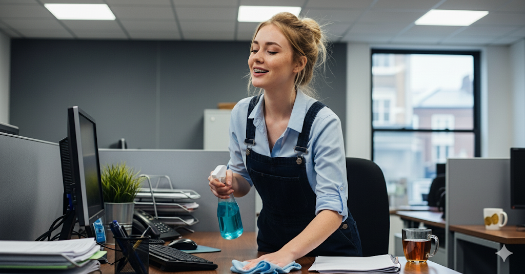 A Ratcliffe Cleaner cleaning a desk in an office.