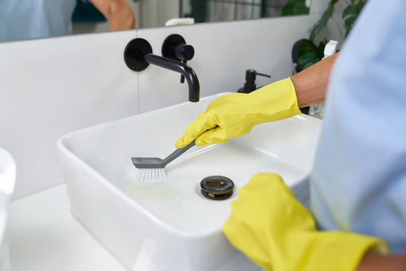 Cleaner scrubbing the sink in a bathroom